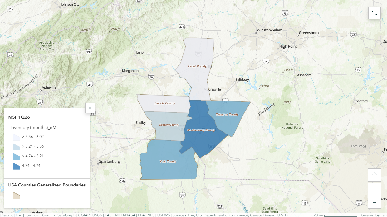 ArcGIS choropleth map of six Charlotte-region counties showing MSI by color