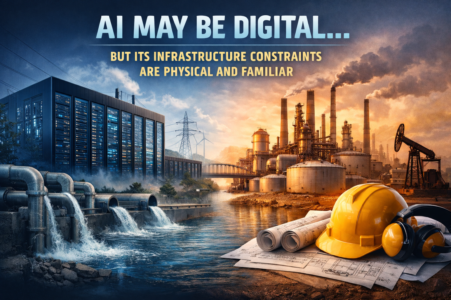 Data center and industrial facility side by side — AI infrastructure and heavy industry share common physical constraints